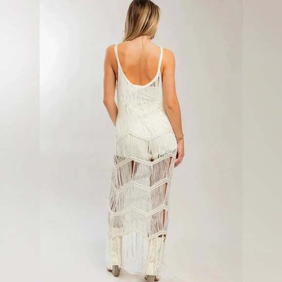 LE LIS Boho Fringe Chevron Pattern Western Maxi Dress Beach Cover Up Caftan NWT - Picture 3 of 9